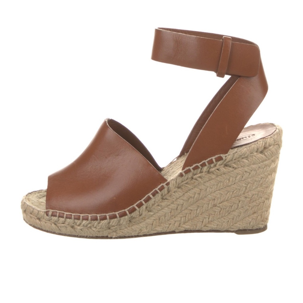 Celine Tan Jute Leather Wrap around Wedge Platform Espadrilles size 37